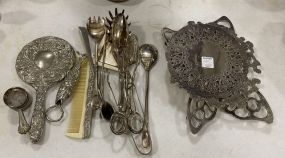 Silver Plate Serving Flatware, Trivet Stands, Vanity Mirror and Comb