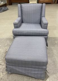 Blue Striped Upholstered Arm Chair and Ottoman