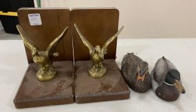 Brass Duck Bookends, Two Resin Miniature Ducks