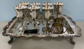 Silver Plate Goblets, Sugar & Creamer, and Footed Tray