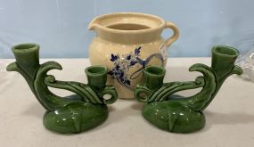 Carey Pottery Stoneware Pitcher, Pair of Green McCoy Candle Sticks