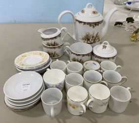Group of Porcelain Demi Tasse Cup and Saucers, Aiken Creamer, Sugar, and Cups