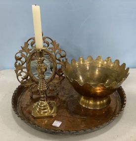 Brass Large Tray, Brass Ornate Vanity Mirror, Candle Stick and Brass Bowl