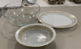 Noritake Platter, Oval Dish, and Clear Glass Salad Bowl