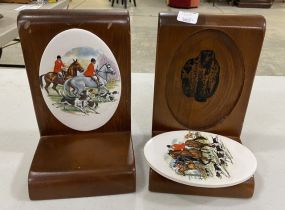 Wood Bookends with Tile English Hunt Scene