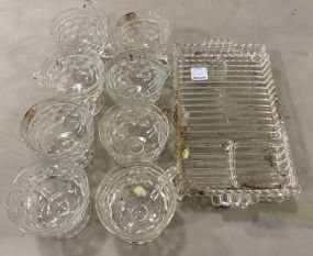 8 White Hall Cube Cups and Two Glass Luncheon Trays