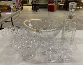 Hobstar Pressed Glass Bowls, Large Glass Bowl with Handled, Decanter, and Glass