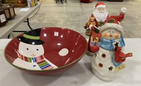 Snowman Serving Bowl, Porcelain Snowman, and Ceramic Santa Claus