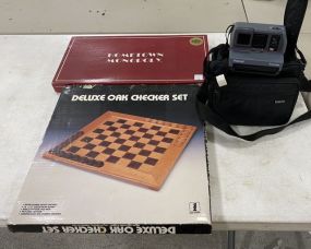 Hometown Monopoly, Deluxe Oak Checker Set and Polaroid Impulse Camera