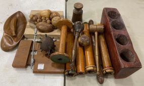 Group of Primitive Spools, Carved Candle Holder, Fruit, and Cutter
