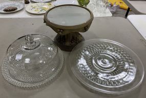 Large Glass Cake Stand, Resin Pedestal Stand, and Towle Plate, Glass Cover Lid