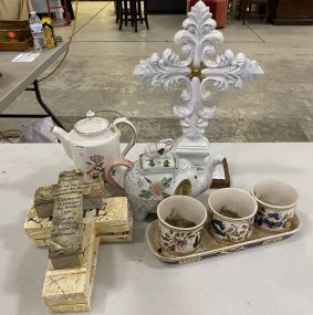 Painted Crosses, Porcelain Pitcher, Elephant Pitcher, Pottery Cups and Tray