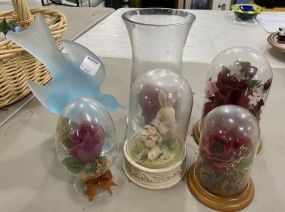 Glass Flower Domes, Rabbit, Vase, and Glass Blue Bird