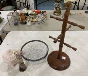 Art Glass Vase, Milk Glass Jar, Silver Plate Rim Bowl, and Wood Stand