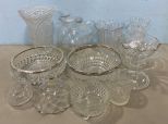 Group of Clear Glass Vases, Bowls, Candle Holders, Pitcher