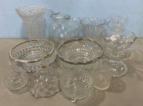 Group of Clear Glass Vases, Bowls, Candle Holders, Pitcher