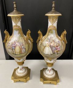 Pair of Hand Painted Serves Style French Urns