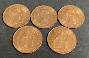 Five 1967 British Penny BU Bronze Coins