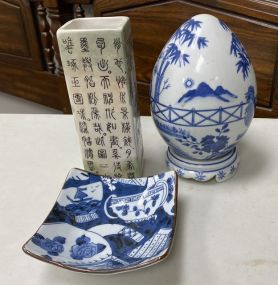 Chinese Blue and White Egg, Flower Vase, and Plate