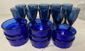 Blue Fostoria Glasses and Blue Salad Bowls