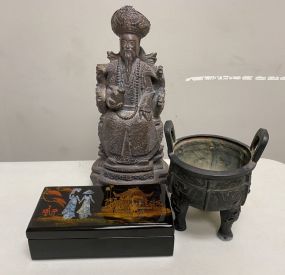 Chinese Man Statue, Asian Jewelry Box, and Oriental Footed Pot