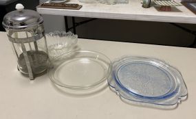 Blue Depression Plate, Dispenser, Plate, and Bowl