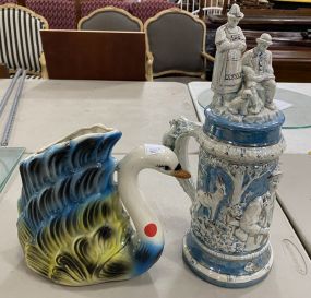 Vintage Pottery Swan and Opalescent Porcelain Beer Stein