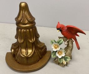 Lefton China Cardinal Figurine and Gold Gilt Wall Shelf