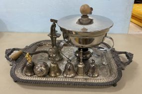Silver Plate Serving Tray, Warmer, and Bells