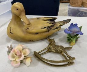 Decorative Wood Duck, Porcelain Andrea Flower and Brass Rocking Horse