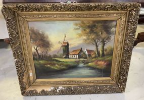 Ca. 1900 Gilt Framed Dutch Windmill Scene