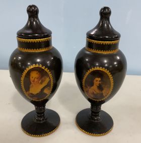 Pair of Vintage Lady Portrait Metal Urns