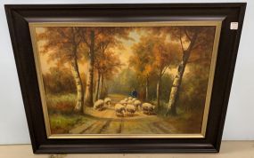 Vintage Sheep Farmer Painting Signed Lower Right