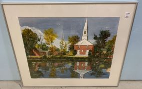 Church Across The Lake Watercolor by Flory