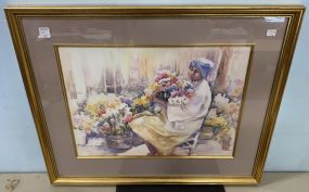 Margaret Carter Watercolor of Lady and Flowers