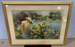 Framed Watercolor of People by Lake by Courtenay T.