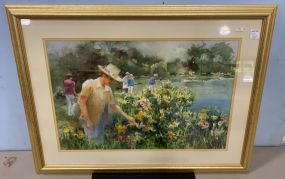 Framed Watercolor of People by Lake by Courtenay T.
