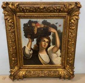 Antique Portrait Painting of Lady and Fruit Basket