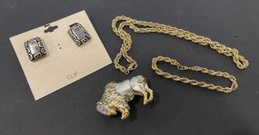 14K Gold Plated Necklace, Buffalo Pin, Monet Bracelet, and Clip on Earrings