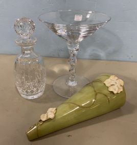Giant Footed Cosmopolitan Glass Compote, Waterford Style Decanter and Wall Pottery