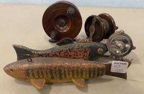 Vintage Fishing Reels and Wood Carved Fish