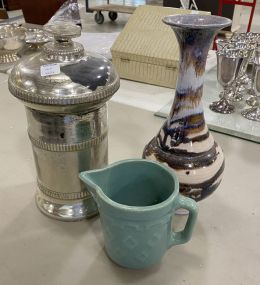 Three Decorative Pitcher, Glass Cannister, and Signed Pottery Vase