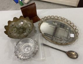 Vanity Mirror Plateau, India Metal Compote, Bookends, Silver Plate bowl, and Spoon
