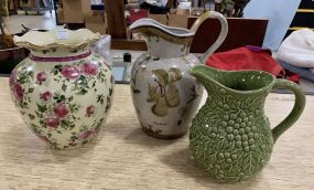 Two Ceramic Pottery Pitcher and Porcelain Flower Vase