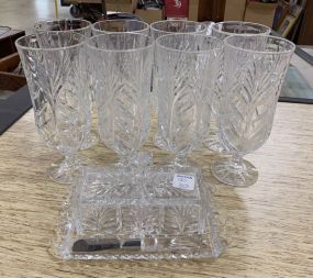 8 Pressed Glass Stems and Pressed Glass Butter Dish