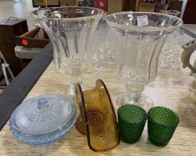 Glass Compote, Blue Candy Dish, Depression Vase, and Candle Holders