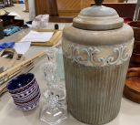 Decorative Metal Canister, Pair of Crystal Candle Sticks, Plastic Bowls