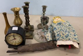 Assorted Candle Sticks, Small Clock, Wood Tribal Figure, and Vintage Doll