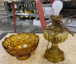 Amber Pressed Glass Bowl and Amber Glass Oil Style Lamp