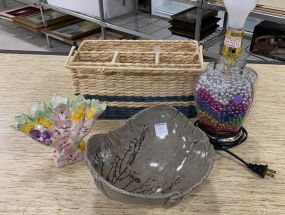 Woven Basket, Porcelain Flower Vase, Stoneware Bowl, and Glass Vase Lamp